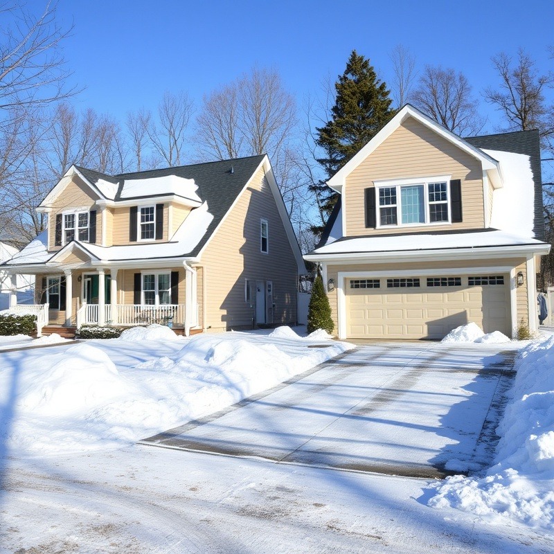 Two houses with freshly snow plowed driveways in a winter landscape