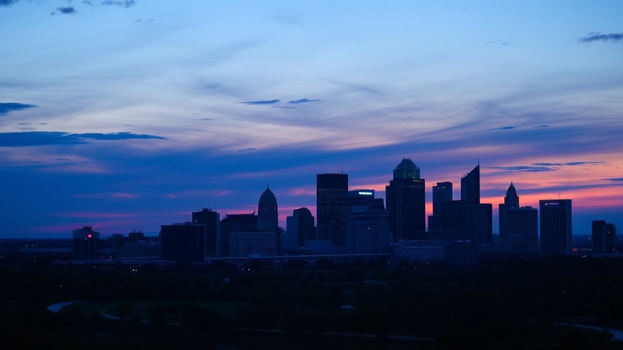 Stunning sunset view of Kansas City skyline with vibrant colors.