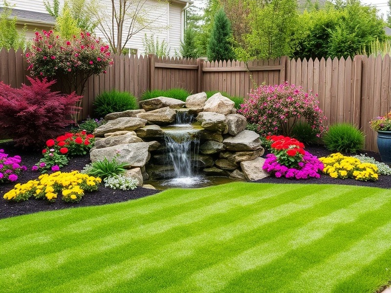 Beautiful mowed yard with flower beds and a waterfall in the corner