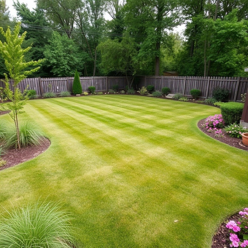 Spacious backyard with native grasses and flowers, perfectly mowed.