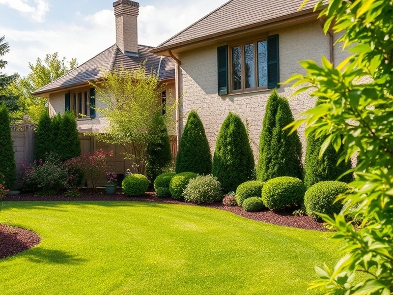 A well-groomed yard featuring lush green grass and manicured shrubs.