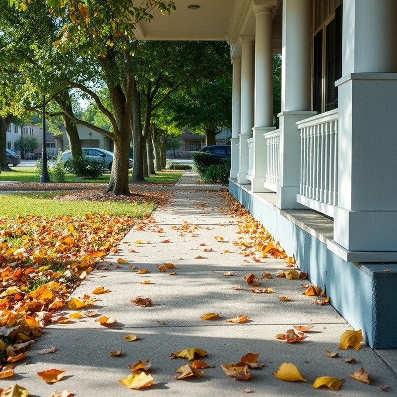 A long concrete sidewalk scattered with leaves leading to a sunny porch.