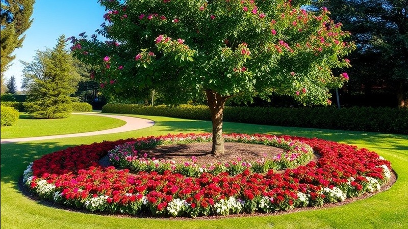 Vibrant flower bed beneath a lush tree showcasing nature's beauty.