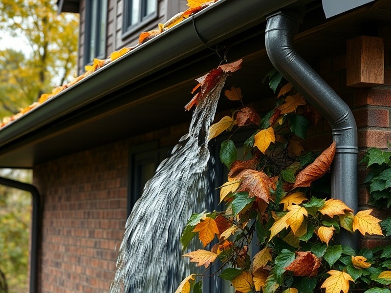 Gutters overflowing with water and leaves on a house