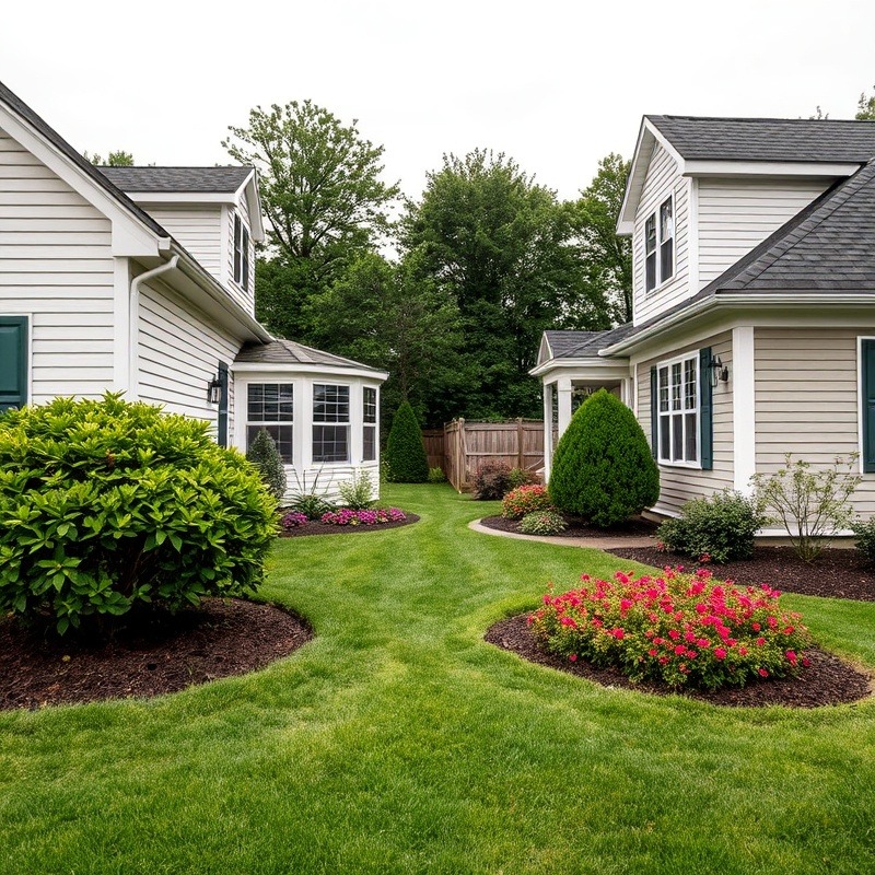Two houses with yards separated by vibrant flower beds and shrubs.