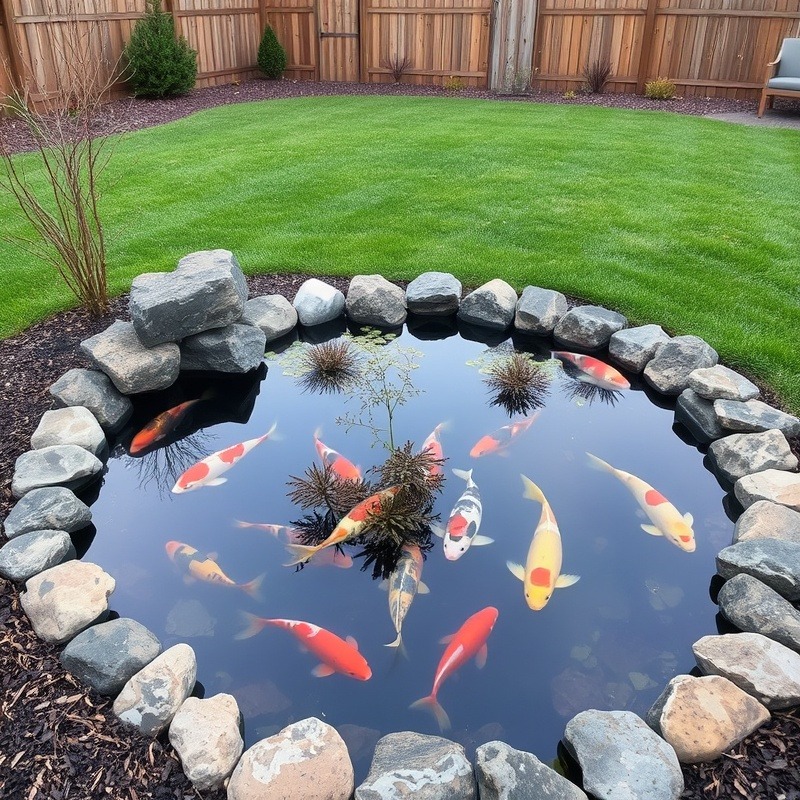 Serene small koi pond in backyard surrounded by a neatly mowed yard.