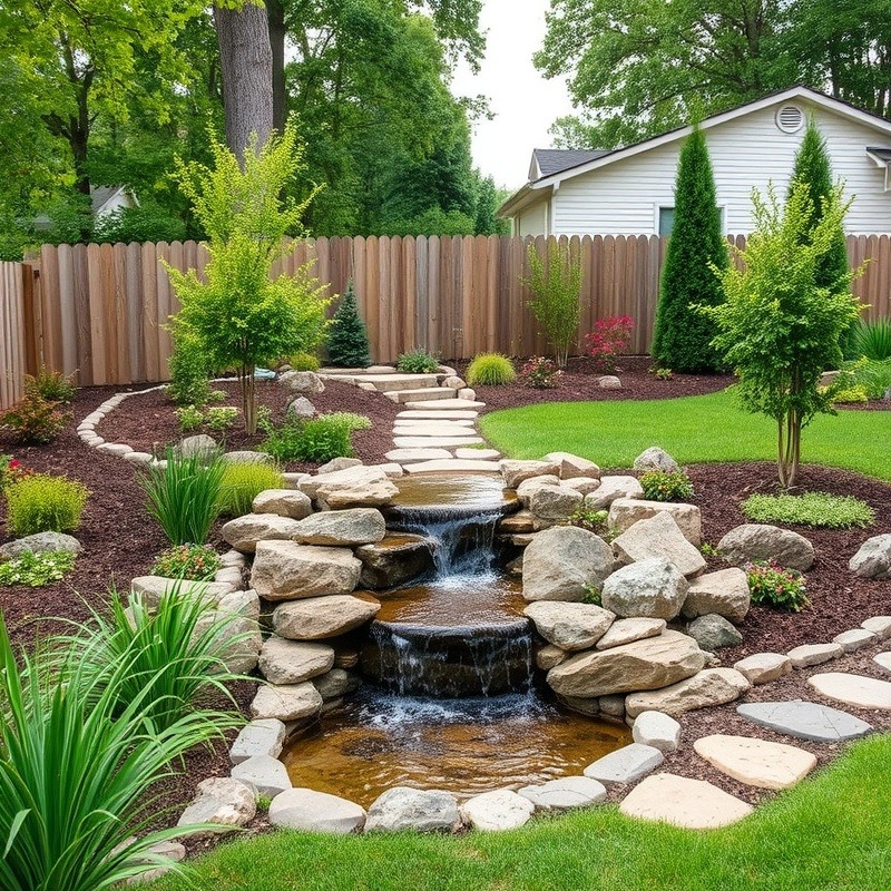 Beautiful backyard landscaping featuring a serene small waterfall.