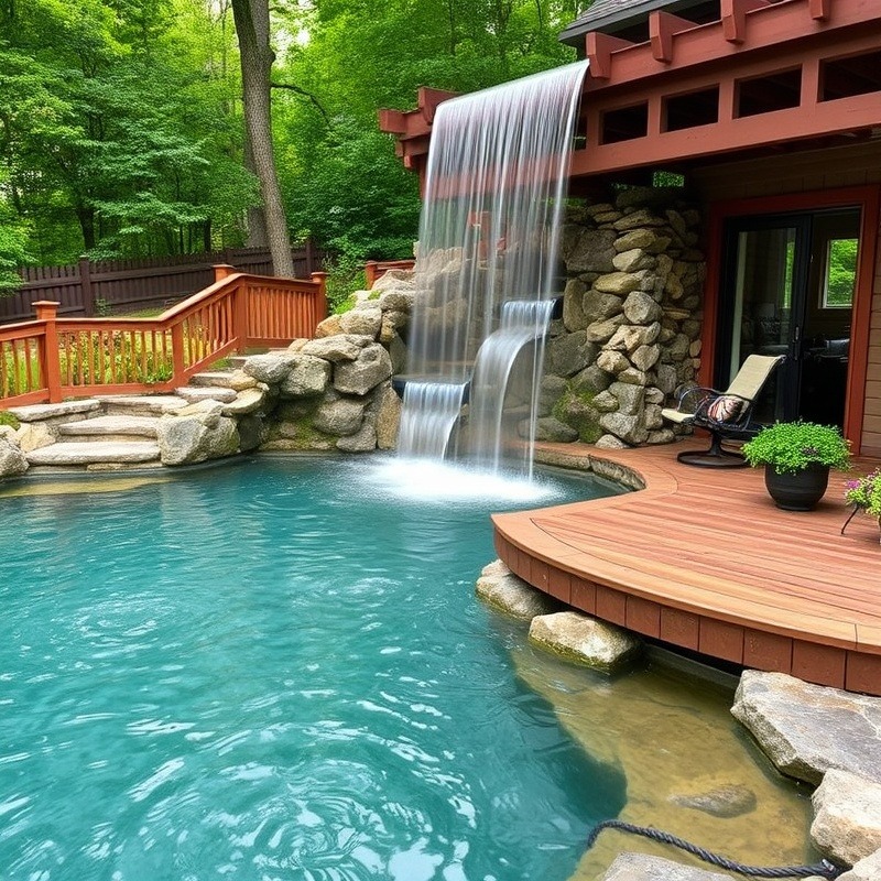 Tranquil deck overlooking a serene waterfall, perfect for relaxation.