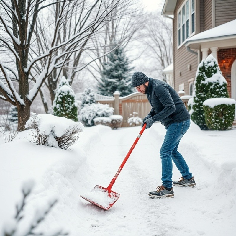 Young man shoveling snow on a driveway during winter.
