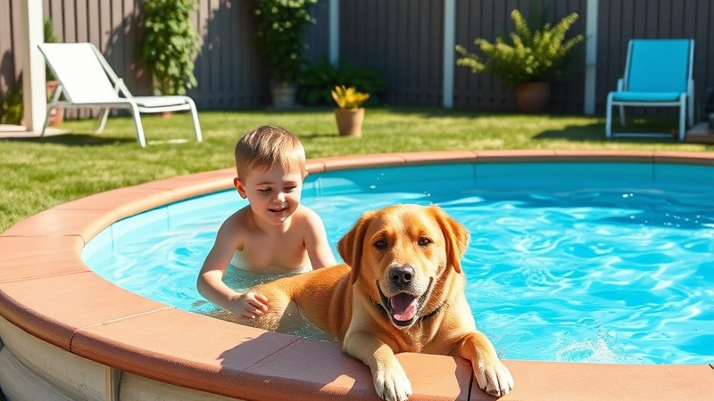 Kids playing in backyard kiddy pool with dog, enjoying beautiful water.