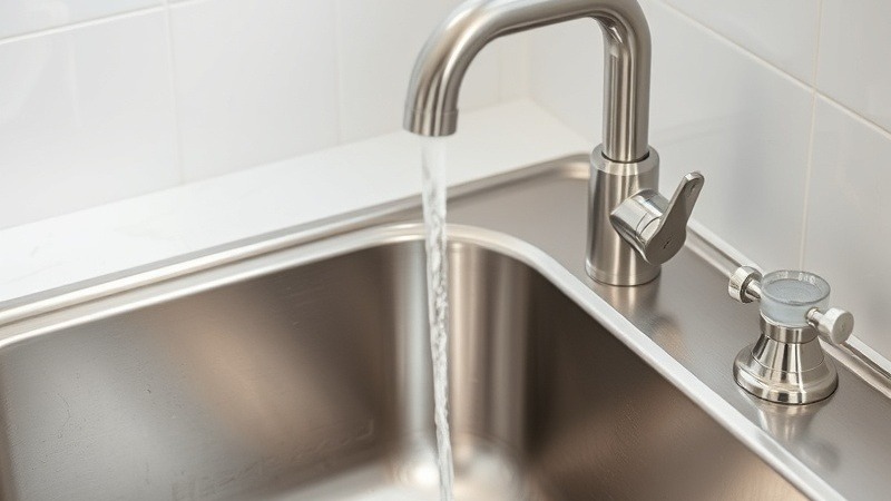 Stainless steel sink with faucet showing calcium water stains.