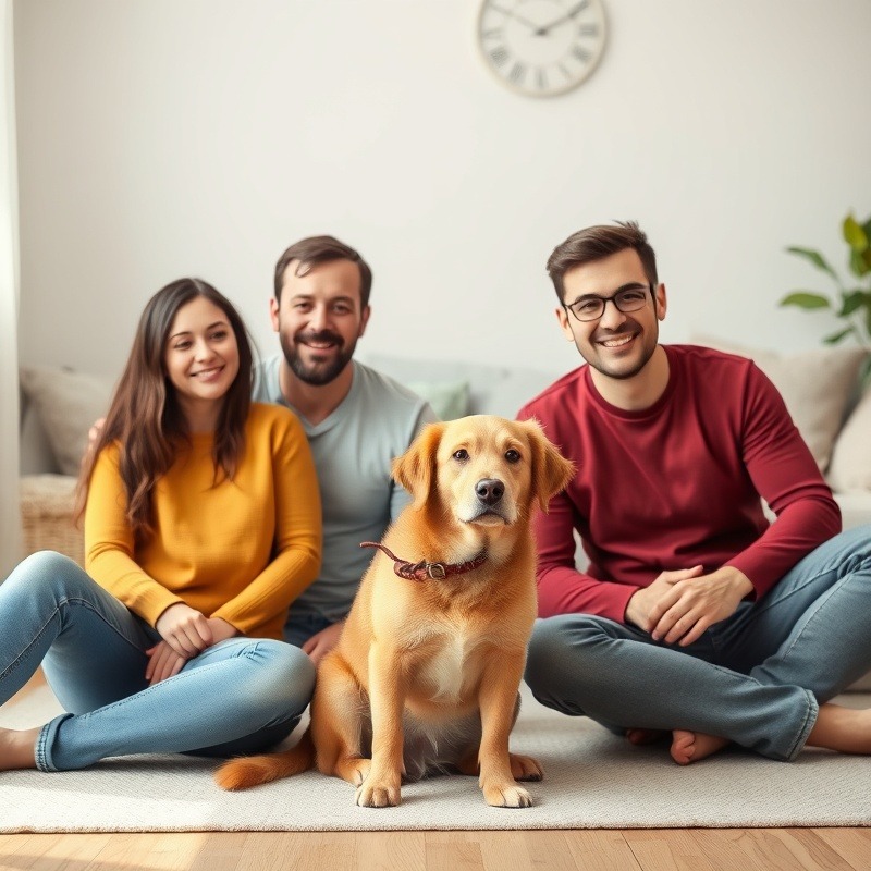 Photo realistic family of 4 with a dog sitting on the floor