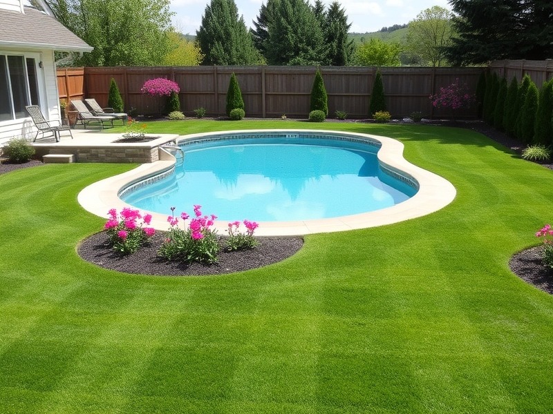 Stunning large backyard with fresh mowing, kidney-shaped pool, and vibrant flower beds