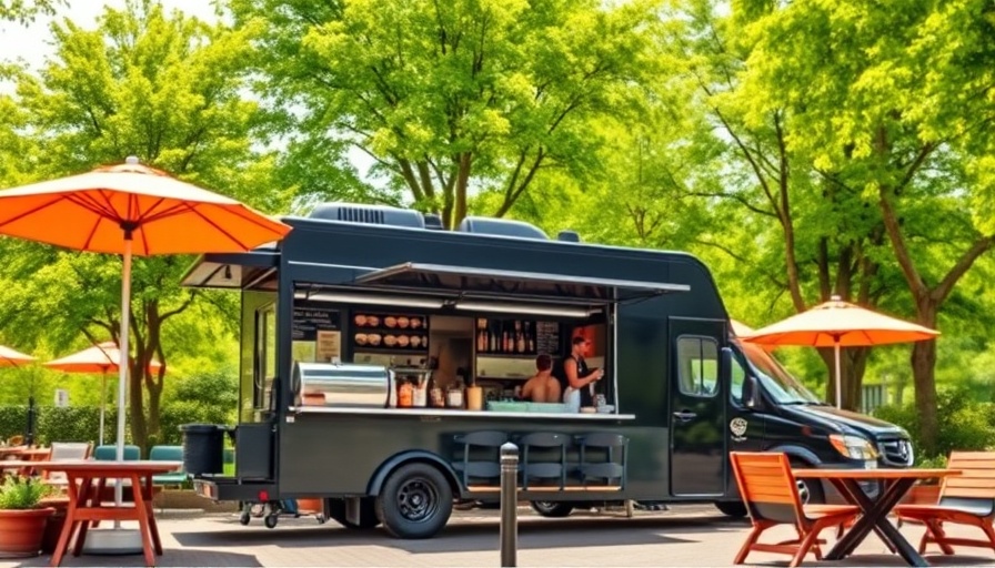 Modern black food truck with colorful umbrellas for summer business ideas.