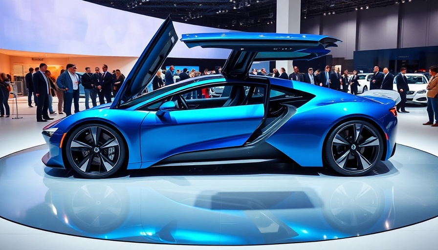 Futuristic blue electric car at LA Auto Show, gullwing doors open.