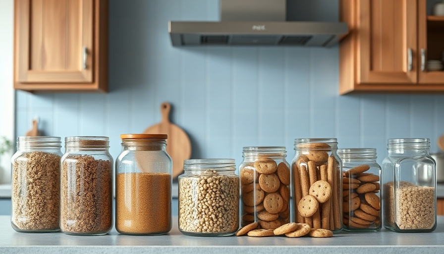 Glass jars with grains and cookies on a kitchen counter