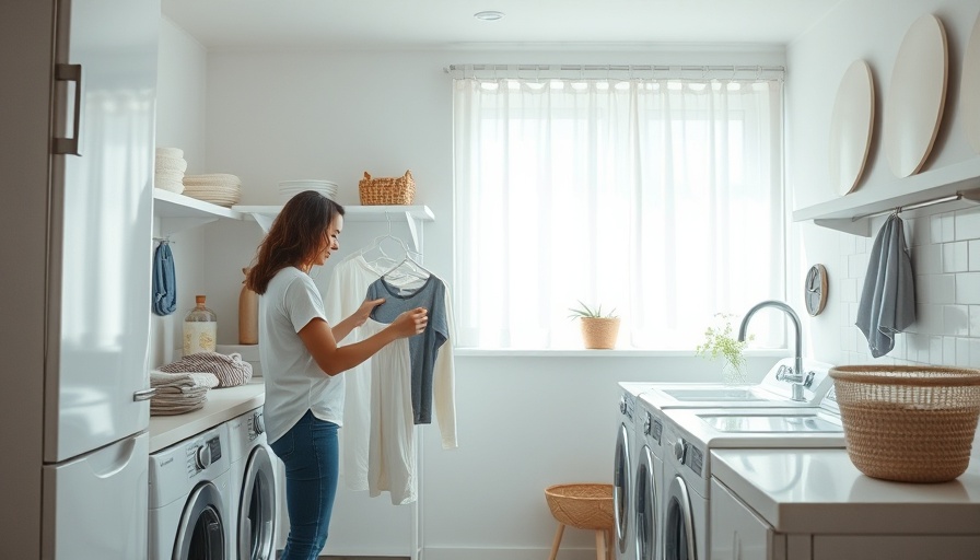 Modern laundry room in Kansas City with folding table and stacked clothes.