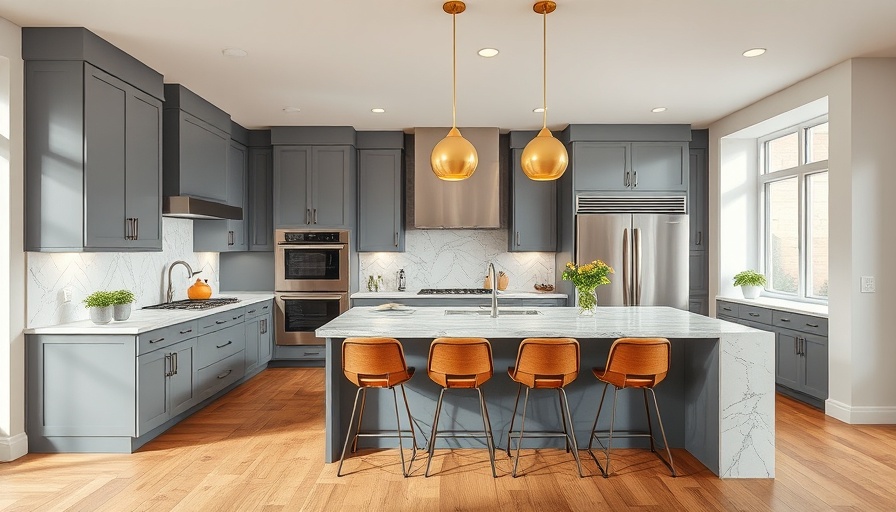 Stylish kitchen with quartzite countertops and golden lights.