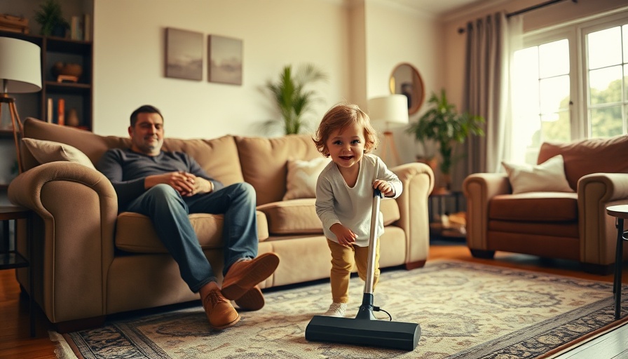 Child vacuuming living room, man resting on sofa