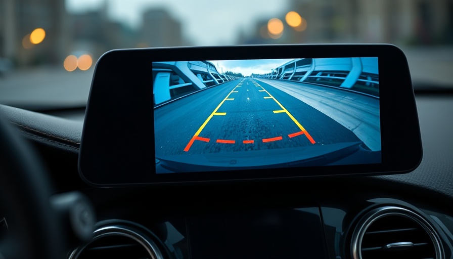 Backup camera screen showing parking guidelines in a car.