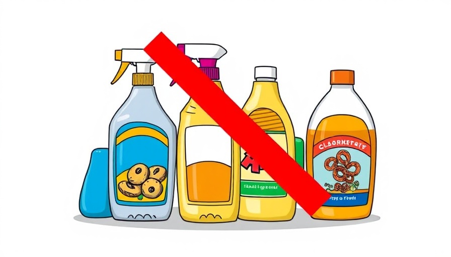 Warning graphic of cleaning products you should never mix, with a red 'X'.