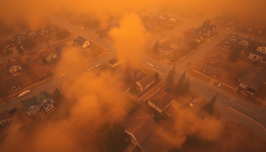 Aerial view of neighborhood enveloped in wildfire smoke.