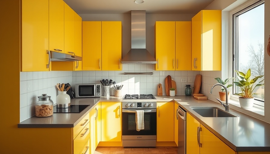 Modern kitchen with yellow cabinets showcasing appliance hacks and decor.