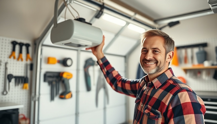 Man troubleshooting garage door opener, tools on wall.