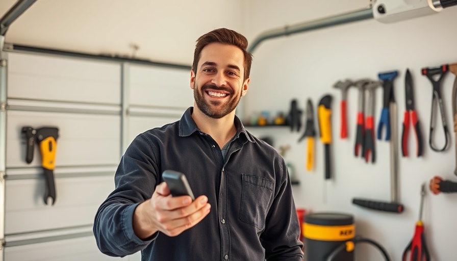 Man holding remote testing garage door opener, tools on wall.