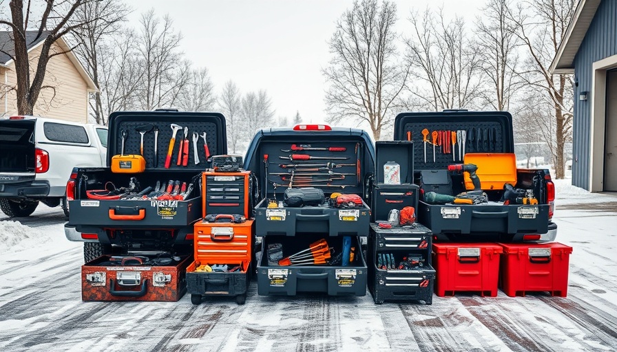 Open truck tool boxes with assorted tools on a snowy driveway.