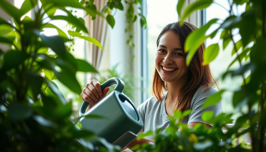 Smiling woman fertilizing houseplants with watering can indoors