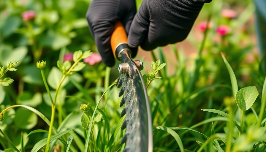 Hands in gloves using tools for weeding in a garden.