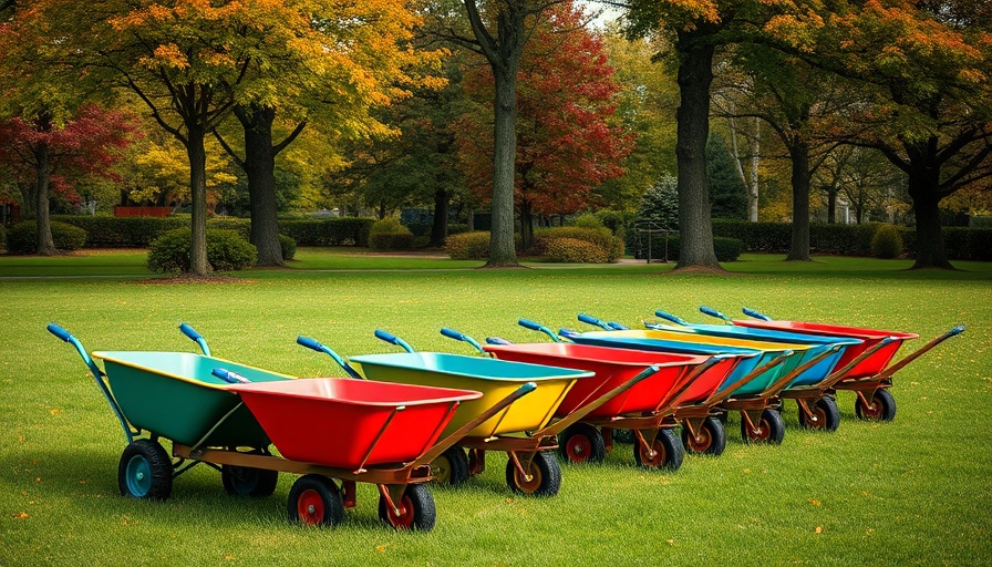 Various wheelbarrows lined up on grass in a park.