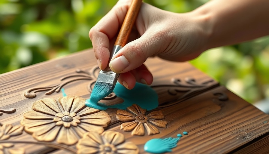 Close-up of hand using teal DIY chalk paint on carved wood.