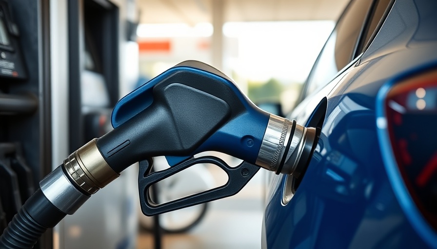 Gas pump nozzle refueling a blue car at a station.