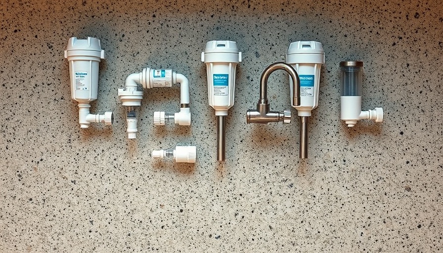 Affordable faucet water filters displayed on terrazzo countertop.