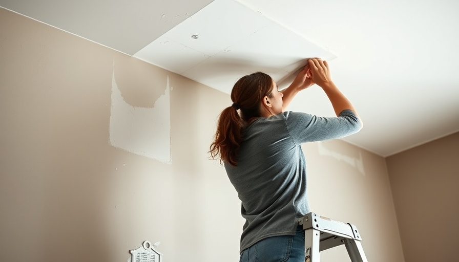 Woman patching drywall with precision on a ladder.