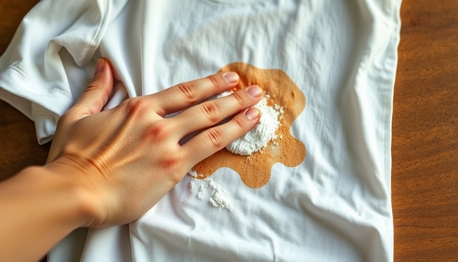 Natural cleaning hacks using baking soda and hydrogen peroxide on a stained shirt.