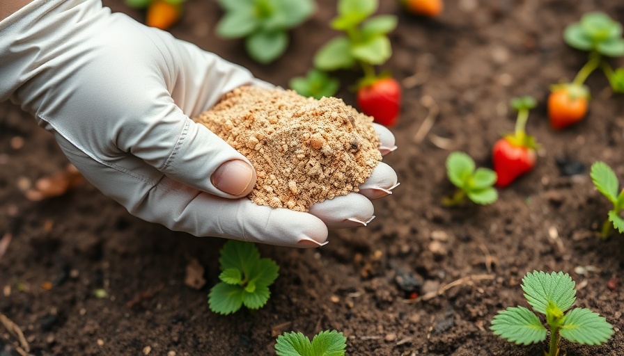 Granular organic fertilizer being held near strawberry seedlings in a garden.