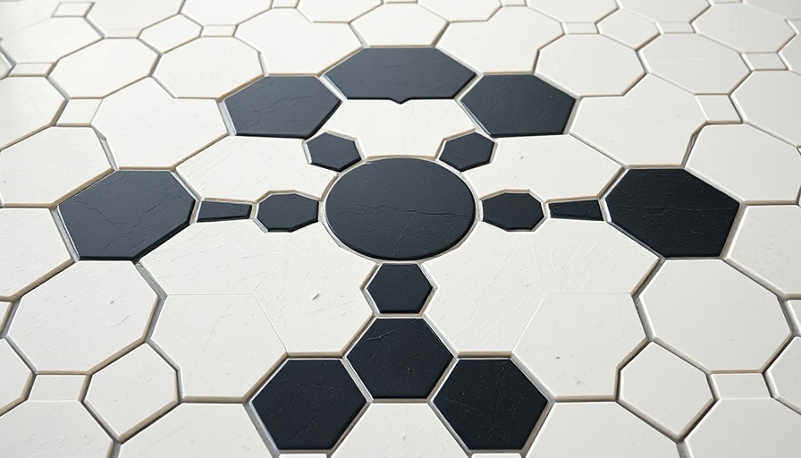 Close-up of installing hexagon tile with black pattern.