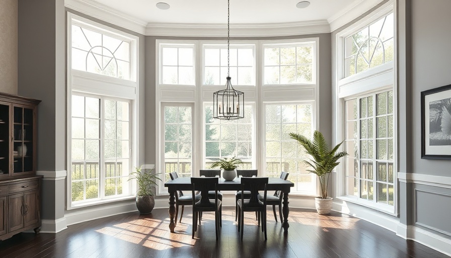 Dining room with custom window mullions and modern chandelier.