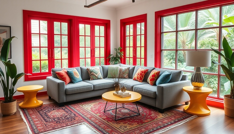 Bright living room with striking red trim and vibrant decor.