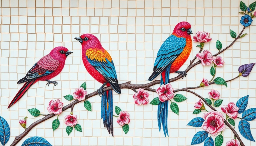 Intricate mosaic wall with birds and flowers from New Ravenna Tile Heritage Collection.