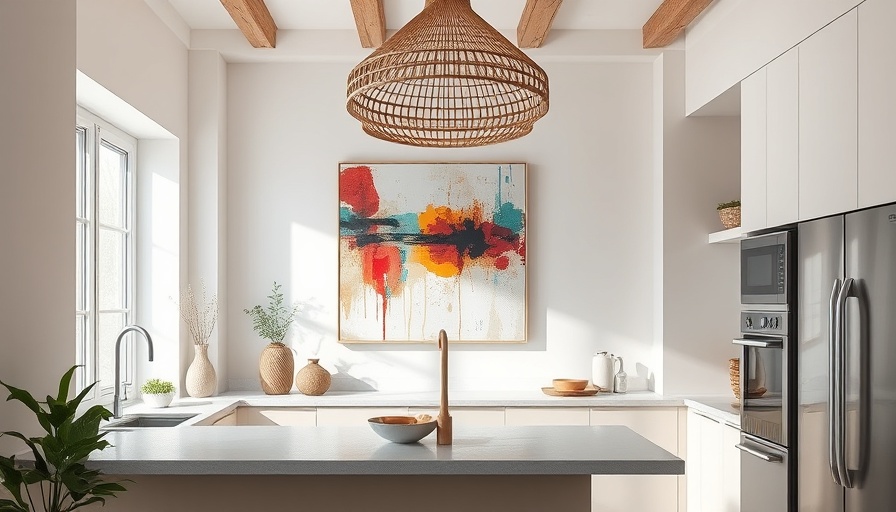 Modern kitchen with abstract art, woven chandelier, and window light.