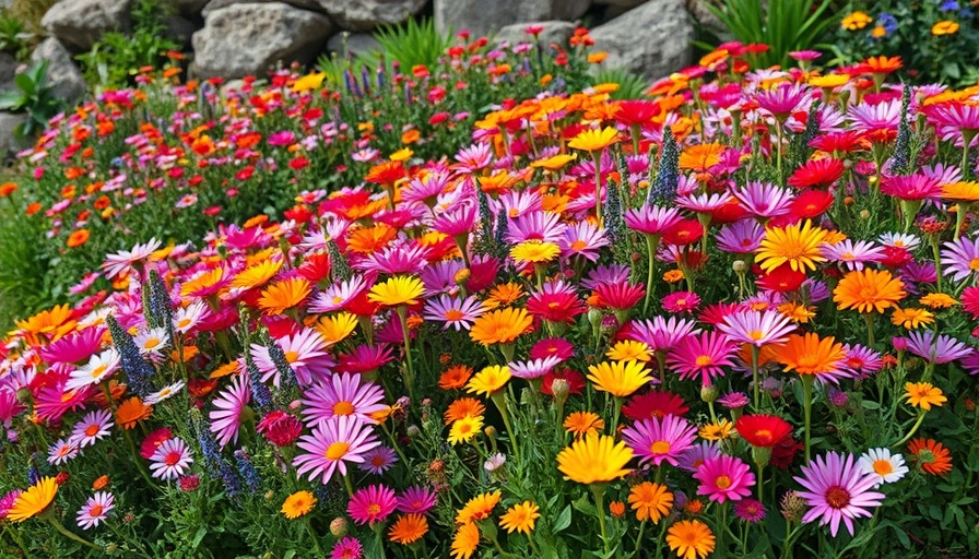 Permaculture gardening practices with vibrant wildflowers in a lush garden.