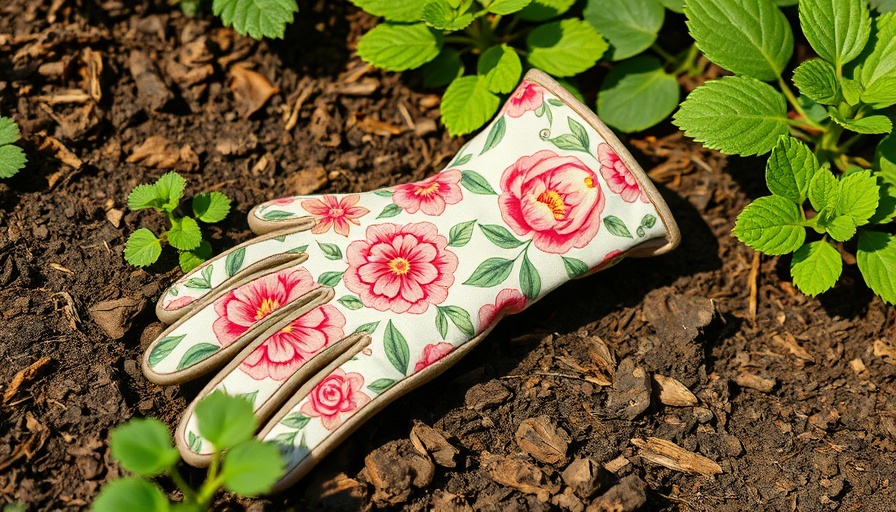 Stylish floral gardening gloves among plants, ideal gifts for gardeners 2024.