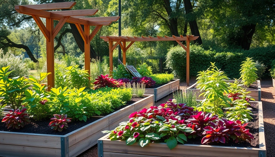 Companion planting guide with vibrant raised garden beds.