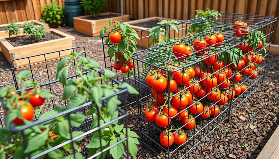 Neatly arranged DIY tomato cages in a backyard garden.