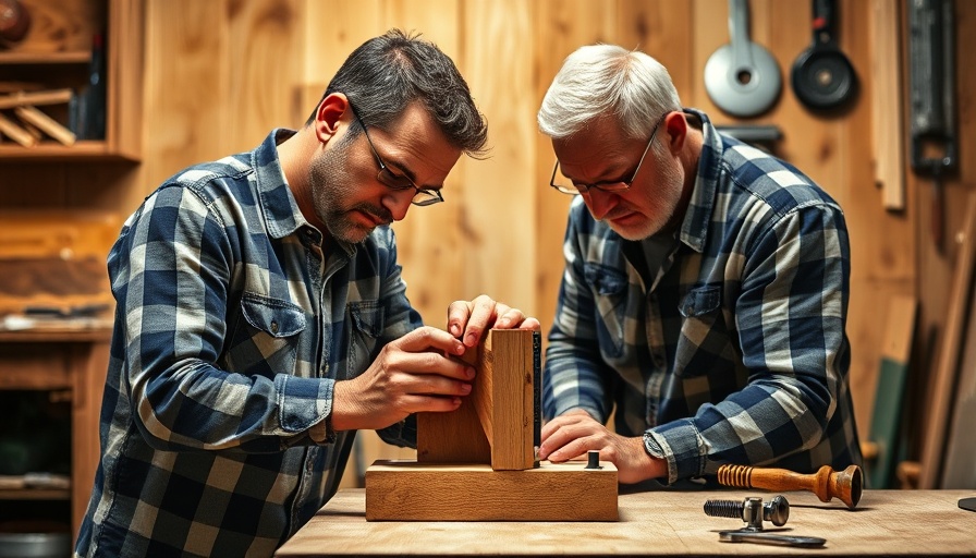 Woodworker using woodworking jig on a wooden workbench.