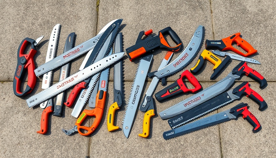 Variety of two-way cutting pruning saws on concrete.